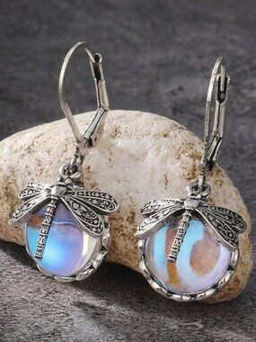 Iridescent Dragonfly Drop Earrings | Silver Tone Boho Dangle Jewelry